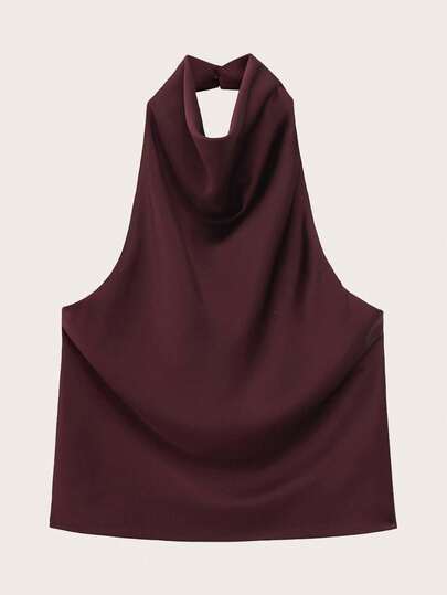 Blusa sem mangas de cetim com decote halter e costas abertas, primavera/verão.