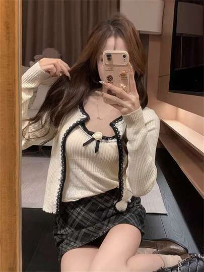 2026 Summer Beige Black Contrast Knit Two Pieces Set - Elegant Pure Yurty Sweet Casual Street Y2K Long-Sleeve Lace Trim Cardigan + 3D Rose Bow Detail Crop Top Ladies Knit Set & Two Pieces Outfit | For Young Ladies, Ladies, Sweet Girls, Y2K Girls & Hot Girls, Perfect For Valentine's Day/Women's Day/Mother's Day/Casual Hangout/Beach Vacation/Party Gathering/Back To School/Wedding Season/Music Festival/2026 Coquette Rose Knit Two Pieces