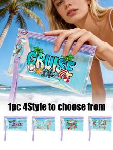 纯色透明化妆包，激光沙滩手拿包，印有“Ceuise Life”字样、椰子树、邮轮等相关图案，PVC材质，大容量，洗漱包，便捷简约收纳包，透明拉链洗漱包，防水，拉链化妆包，唇膏收纳袋，指甲油收纳袋，适合海滩、度假使用。 - 彩色 - 查看 1