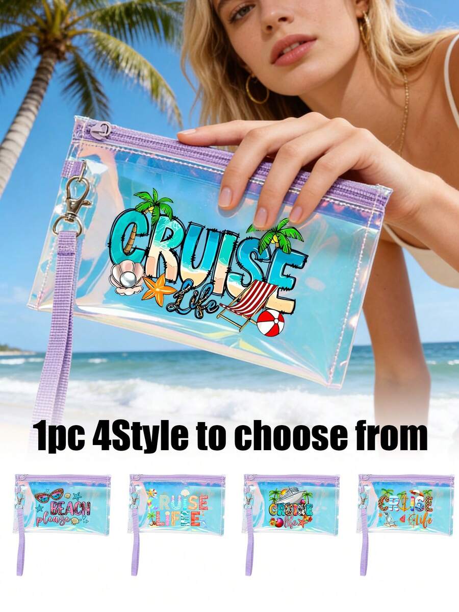 纯色透明化妆包，激光沙滩手拿包，印有“Ceuise Life”字样、椰子树、邮轮等相关图案，PVC材质，大容量，洗漱包，便捷简约收纳包，透明拉链洗漱包，防水，拉链化妆包，唇膏收纳袋，指甲油收纳袋，适合海滩、度假使用。 - 彩色 - 查看 1