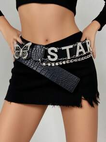 Valentine's Day Rhinestone Letter Belt, New D.I.A Metal Plate Linked Crocodile Texture Butterfly Shiny Leather Belt, Y2K Versatile Casual Street Style Waist Belt - Multicolor - View 2