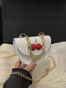 Mini Square Handbag, New Spring/Summer Plaid Color Block Casual Shoulder Tote Bag, Versatile, Cherry Pattern Saddle Bag - White - View 2