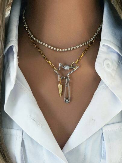 1pc Unique Women's Necklace With Star Clasp, Pin Pendant And Triangle Pendant Design, Bold And Creative Style, Suitable For Daily Wear And Party Occasions