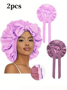 2/4 piezas Gorro de dormir de satén para mujer, diseño de correa elástica, suave y sedoso, material de satén colorido, gorro de dormir casual para el cuidado diario del cabello en el hogar - Multicolor A - Ver 5