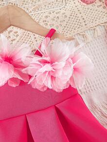 Young Girl Birthday Party Celebration Outfit, Princess Dress With 3D Embroidery Decor And Stylish Crossbody Bag - Hot Pink - View 4