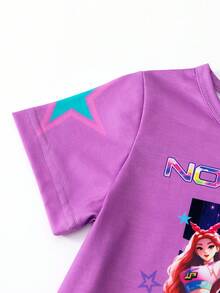 少女休闲简约可爱卡通韩流印花短袖圆领T恤和印花喇叭裤套装，紫色 - 彩色 - 查看 8