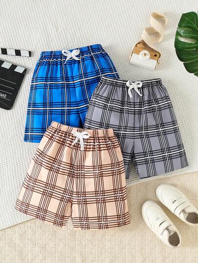 3pcs Boys' Summer Shorts Set, Casual Plaid Pattern, Blue, Khaki, Gray, Regular Fit With Faux Drawstring Decor, Suitable For Spring/Summer Outdoor Wear