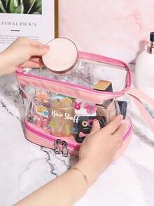 PVC材质便携透明化妆包，印有“发饰”字样和各种蝴蝶结图案，大容量双层干湿分离防水洗漱包，多功能女性旅行化妆收纳包，适用于洗漱包 - 彩色 - 查看 4