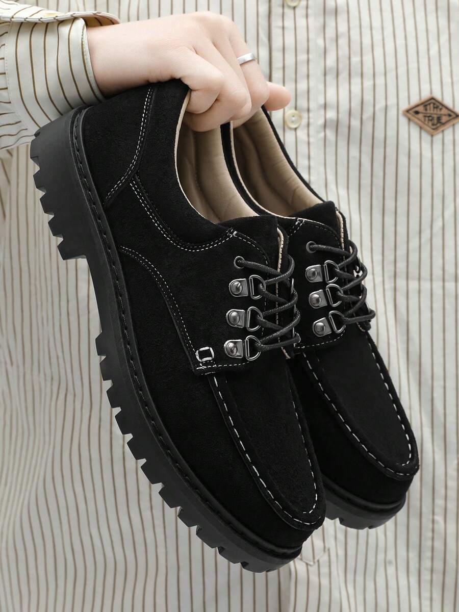 春夏新款厚底休闲正装鞋，男士商务低帮系带皮鞋，适合派对、婚礼等场合，简约皮鞋，通勤、约会、工作皆宜。 - 黑色 - 查看 1