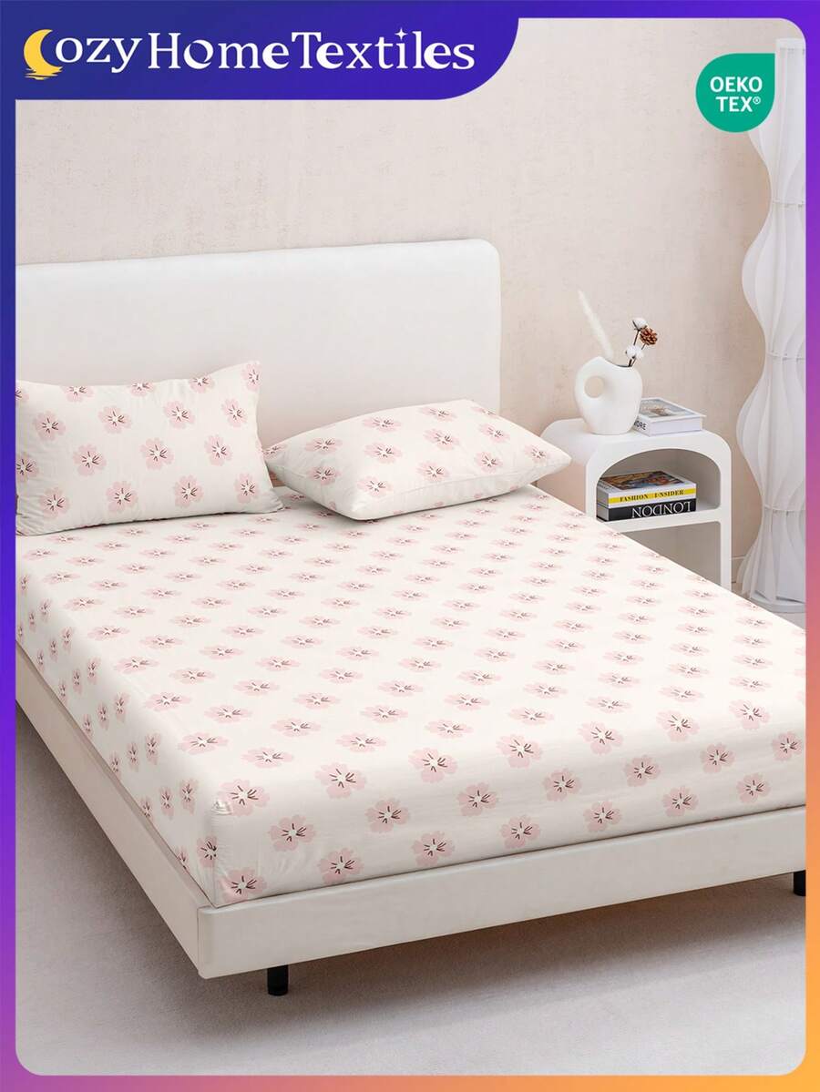 1pc Skin-Friendly Printed Fitted Bedsheet (Pillow Case Not Included), Patterned Mattress Protector, Soft & Breathable, Warm, Multi-Size Fits Twin/Full/Queen/King Bed, Machine Washable, Home Decor, Bedroom Decor, Oeko-Tex Certified - Multicolor - View 1