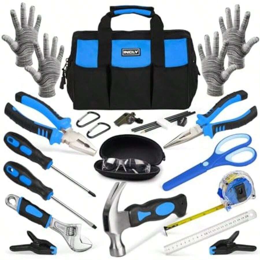 INCLY 24 PCS Kids Real Tool Set With Tool Bag, Boys Small Real Hand Tools Kit, Children Construction Learning Tools Hammer Screwdriver For Home DIY Building And Woodworking(Blue) - Multicolor - View 1