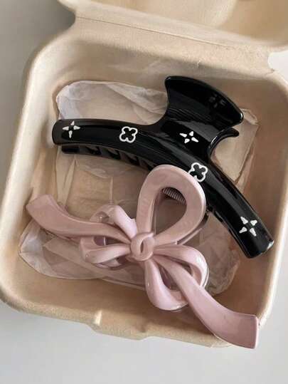 2个/1个女士黑色四叶花弯发夹和紫色蝴蝶结发夹套装，时尚百搭优雅简约纯色发夹，适合日常、休闲、派对、海滩、度假、发型设计、洗脸/洗头、化妆、服装配饰，秋冬春夏通用发夹