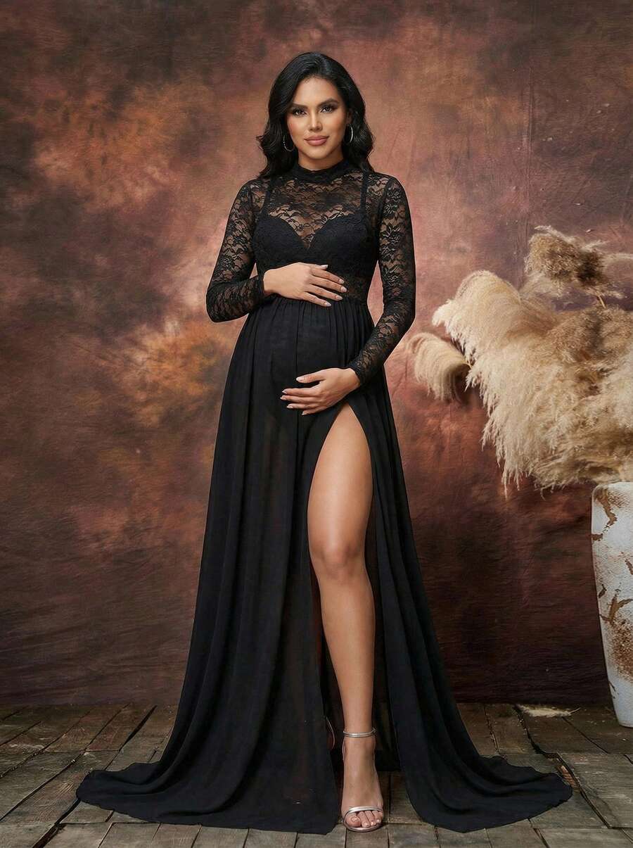 Irresista Maternity 2 PC Lace Sexy See-Through Long Sleeves Bodysuit & Chiffon Slit Skirt Set For Photoshoot - Black - View 1