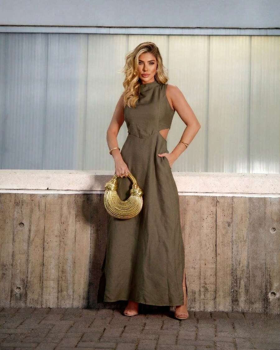 Women's Long Tailored Dress, High Neck, Side Slit, Detail With Side Opening, Comfortable, With Pockets, Elegant - 卡其色 - 查看 1