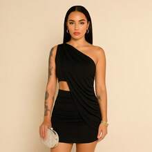 Virginia Short Dress, Gringa Style, End Of Year, Parties, Christmas, Sleeveless, Knit, Asymmetrical, Evening Party, Wedding, Birthday Party, Street, Travel, Beach, Summer - 黑色 - 查看 2