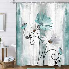 Farmhouse Shower Curtain Teal Daisy Floral Flowers And Butterfly Country Wooden Bathroom Curtain Turquoise Blue With 12 Hooks 70x70 Trending Bestseller Best For Home Bathroom Decor - Teal Blue - View 1