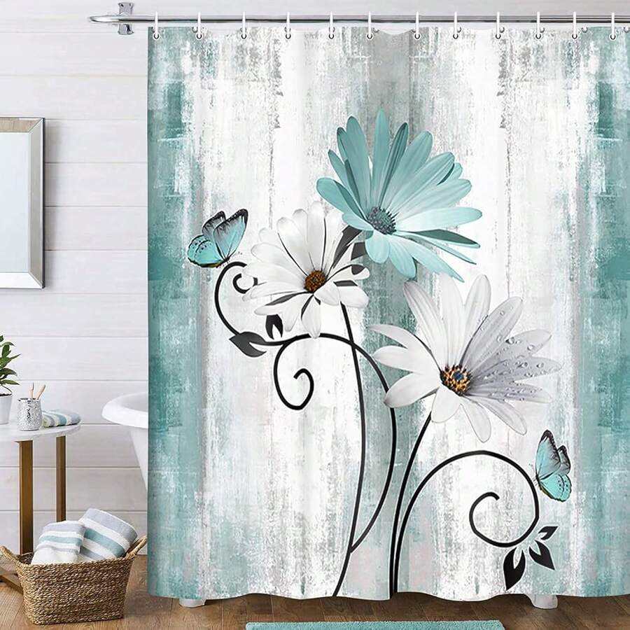 Farmhouse Shower Curtain Teal Daisy Floral Flowers And Butterfly Country Wooden Bathroom Curtain Turquoise Blue With 12 Hooks 70x70 Trending Bestseller Best For Home Bathroom Decor - Teal Blue - View 1