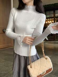 Women's Embroidered Crew Neck Fitted Knit Sweater, Versatile Base Layer, Autumn/Winter, Korean Style - White - View 5