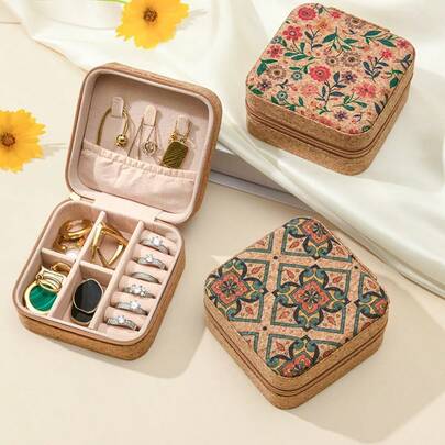 1pc Premium Soft Cork Jewelry Box, Portable Travel Earring Organizer Box, Ring & Necklace Storage Box, Fashionable Retro Bohemian Style Jewelry Gift Box, Elegant Jewelry Case, Mother's Day Gift, Jewelry Storage & Organization, Travel Accessories