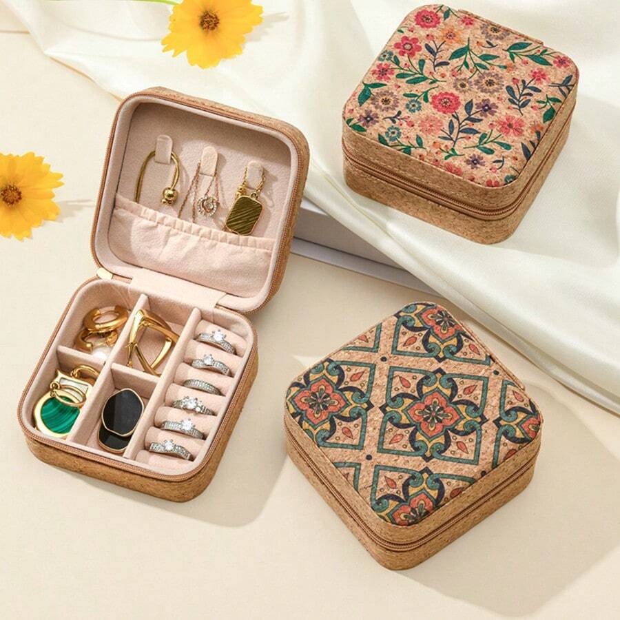 1 pièce Boîte à bijoux en liège premium et douce, organisateur de boucles d'oreilles de voyage portable, boîte de rangement pour bagues et colliers, boîte à bijoux de style bohème rétro à la mode, étui à bijoux élégant, cadeau pour la fête des mères, rangement et organisation de bijoux, accessoires de voyage