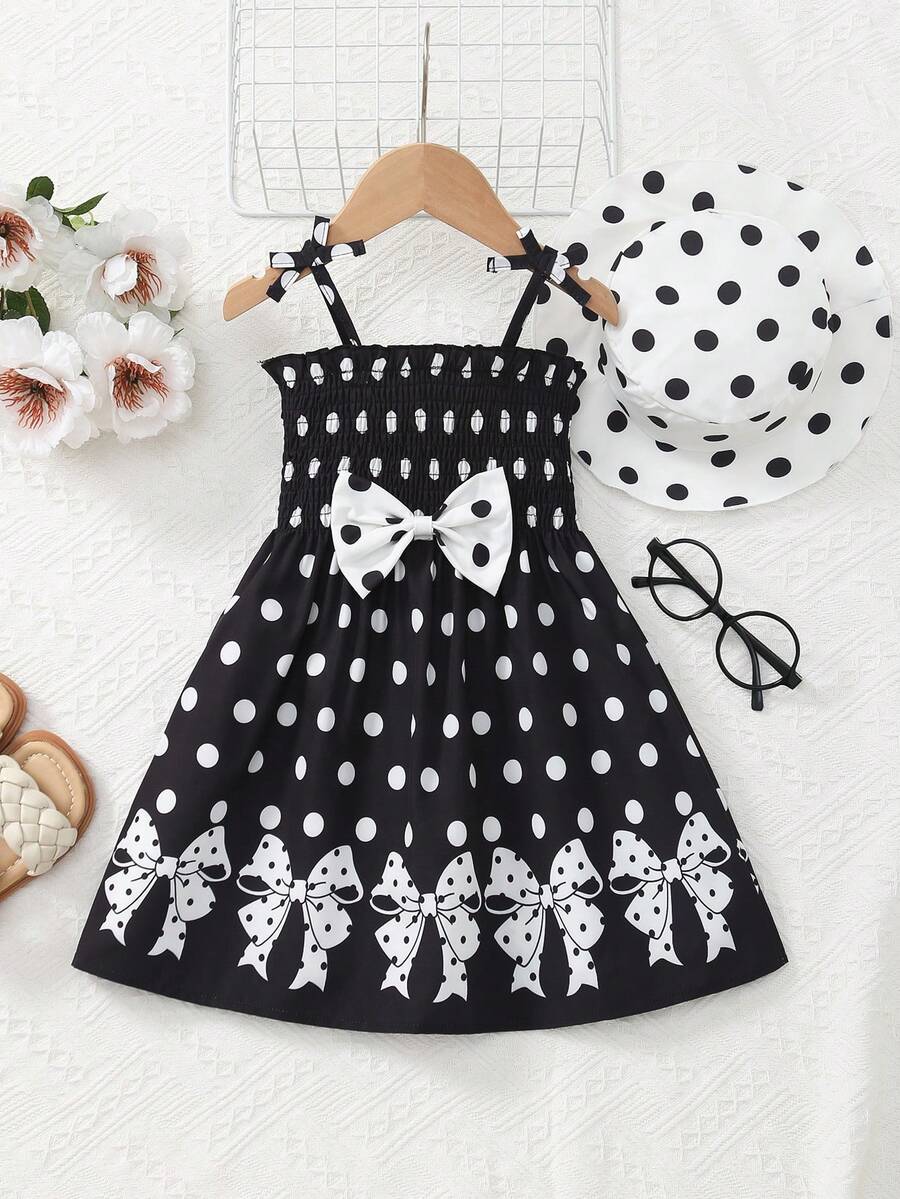 Mommbabay Summer Girls Bowknot Strap Dress, Baby Girl Cute Sleeveless Polka Dot Print Sundress With Hat - Black - View 1