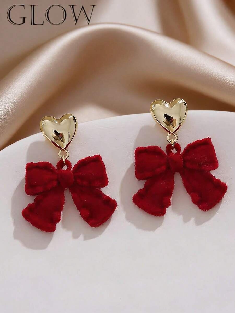 1 Pair Retro Cute Sweet Heart & Bow Stud Earrings, Suitable For Teenage Girls, Valentine's Day And Daily Wear - Heart-shaped Bow - View 1