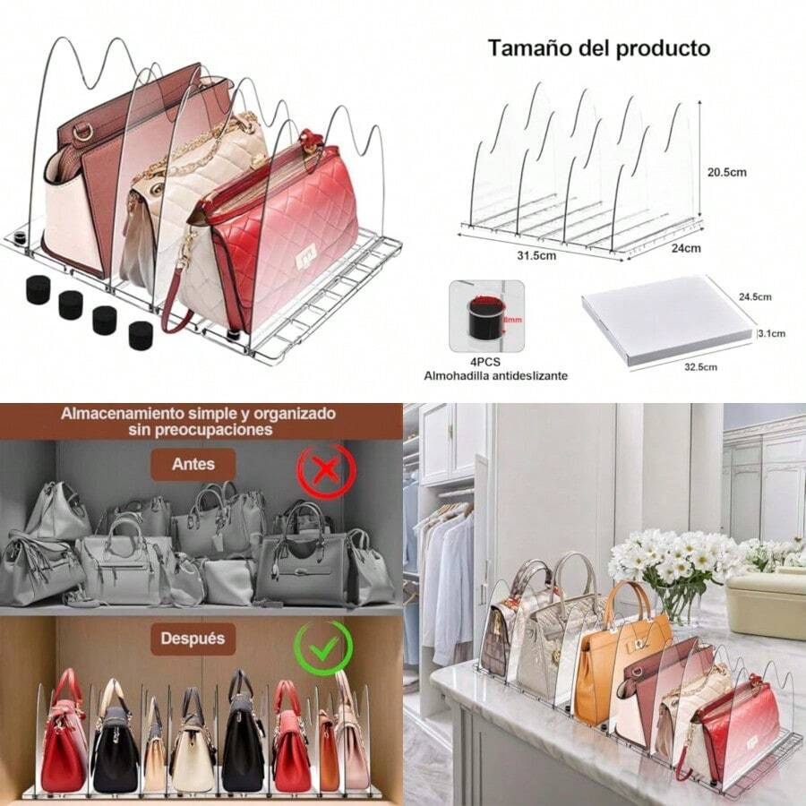 UIEE Organizador de Bolsas para Dama Repisa Organizadora de Bolsas de Acrílico Transparente para Armarios Ajustable y Desmontable con Tapones Antideslizantes - Transparente - Ver 1