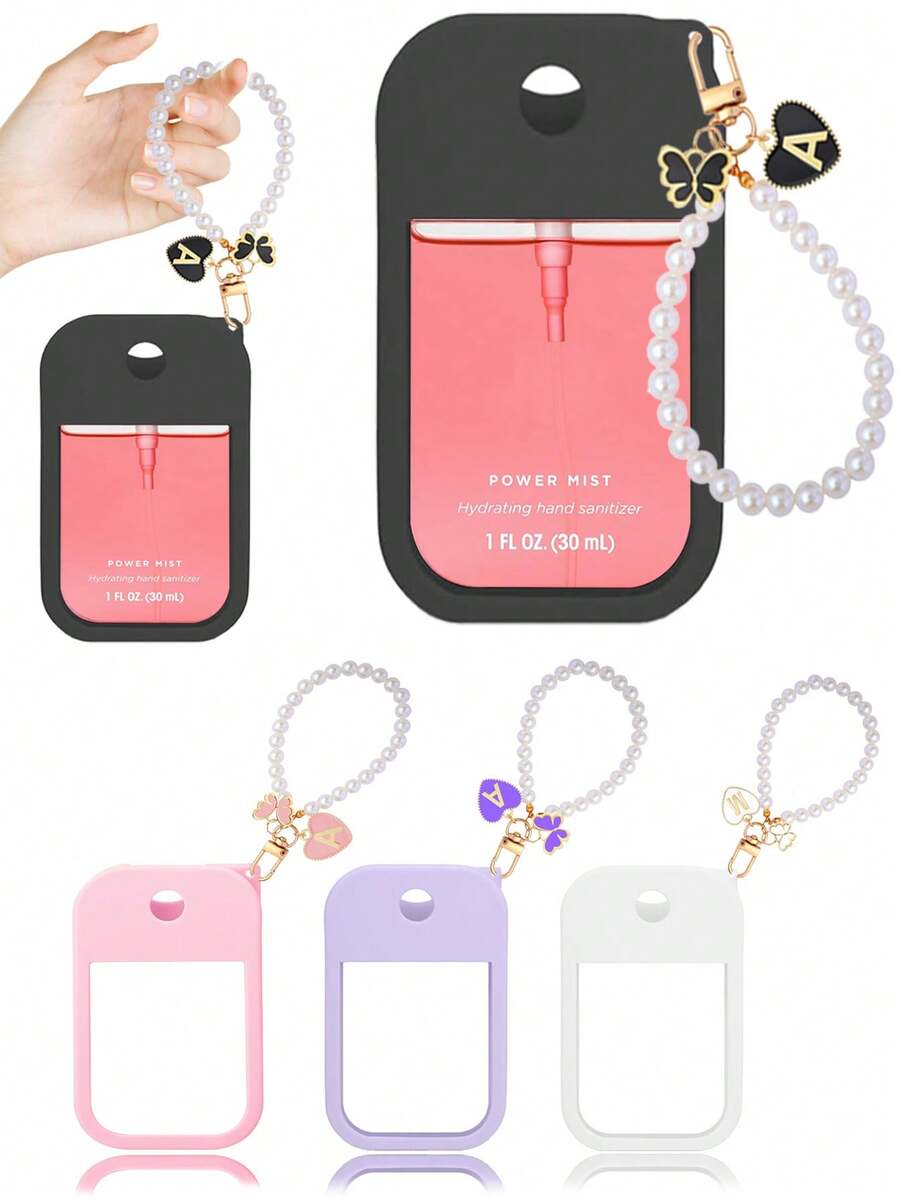 2个装 Touchland 1盎司（30毫升）免洗洗手液喷雾保护套，26个花卉字母珍珠装饰喷雾瓶挂件，以及一个带珍珠手链设计的硅胶喷雾瓶防摔防撞保护套，方便旅行携带，可挂在包包、钥匙或儿童背包上，耐磨、防水、可水洗且可重复使用。 - 黑色 - 查看 1