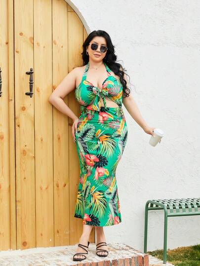 Große Größen Tropische Pflanzen Muster Neckholder Ausschnitt Ärmellos Kleid, modischer Strandurlaub Feier Eleganter Sommer