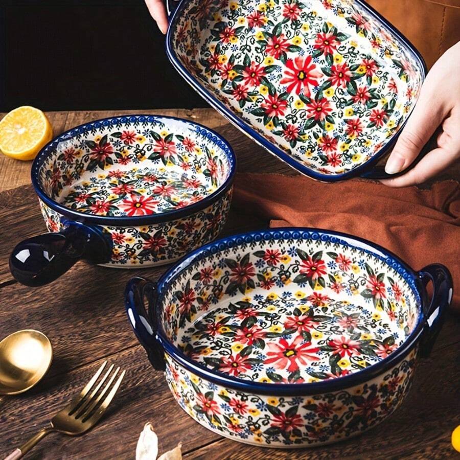 1pc Hand-Painted Ceramic Bowl, Colorful Baking Bowl With Handle, Salad, Baking, Casserole, Round Baking Dish, Baking Set, Cooking Pot, Cake, Dinner, Kitchen, Handmade Exotic Daisy, Oven- Bowl