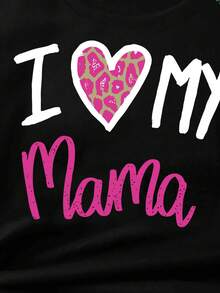 Young Girl Round Neck Letter & Heart Print Casual Versatile Daily Short Sleeve T-Shirt - Black - View 3