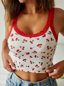 Cherry Lace Trim Comfortable Machine Washable Camisole Women Sleepwear Top - White - View 4