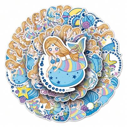 50张美人鱼贴纸，卡通生日礼物贴纸，学生DIY笔记本日记防水贴纸，女孩贴纸