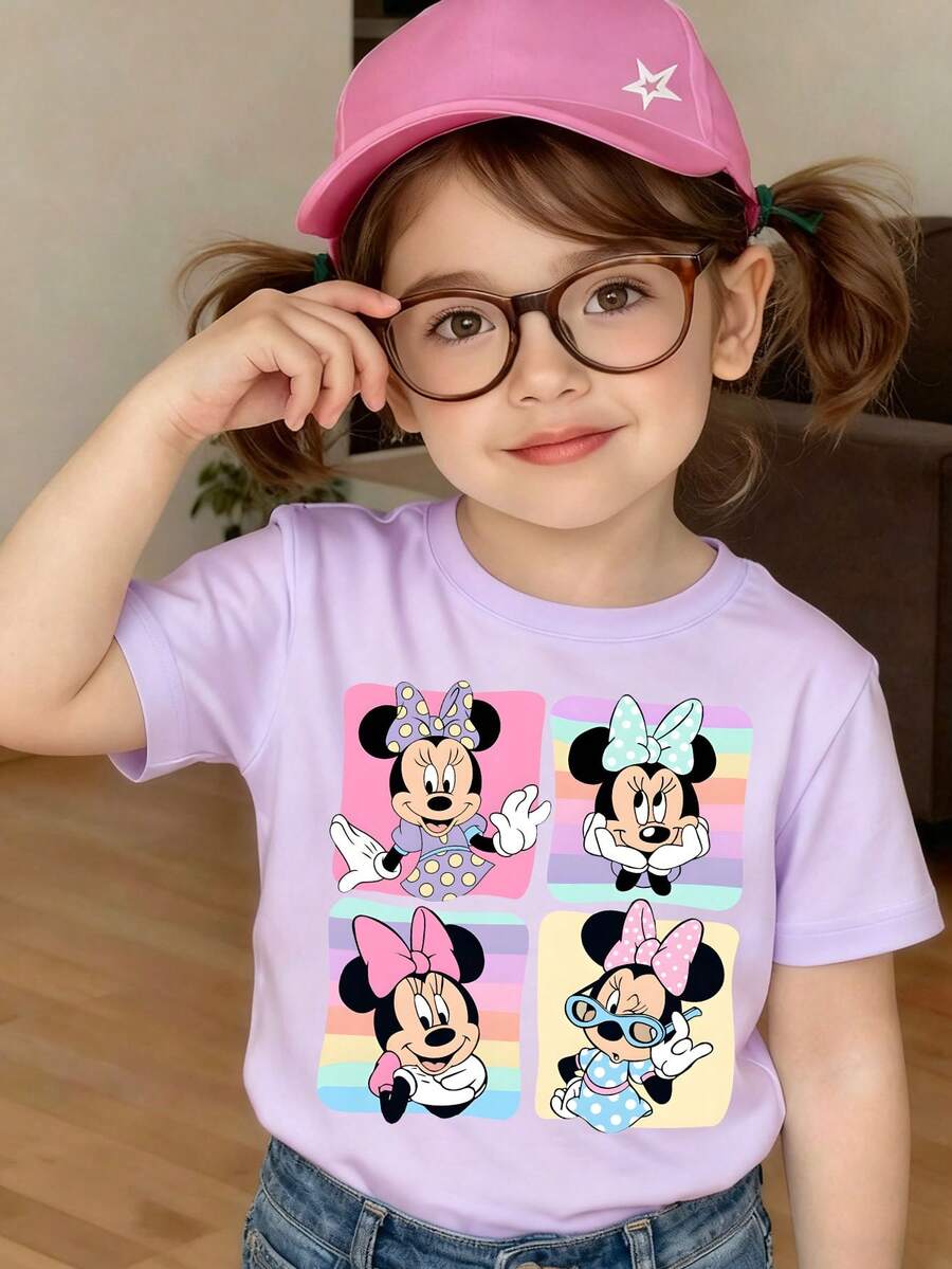 Disney Light Purple Background Minnie Mouse Polka Dot Bow Print Kids' Short Sleeve T-Shirt - Playful And Cute Casual Top - 淡紫色 - 查看 1