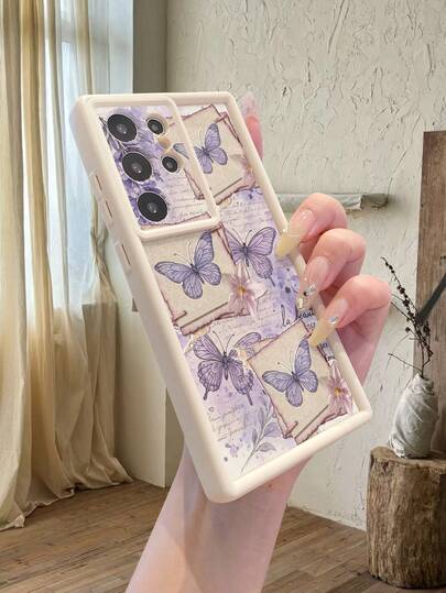 1pc Purple Butterfly Envelope Design Beige TPU Shockproof Protective Phone Case, Suitable For Galaxy/OPPO/Redmi/Honor Android Series