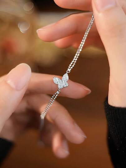 1pc S925 Sterling Silver Minimalist Butterfly Fully Paved Double Layer Bracelet, Delicate & Elegant Design, Suitable As Gift For Women