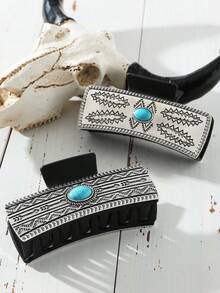 1个波西米亚风女士绿松石色三角形箭头条纹印花发爪夹，大号防滑发饰，适合日常使用，时尚发夹，女士发饰发卡，花朵发夹 - 彩色 - 查看 2