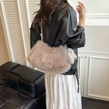 Solid Fluffy Soft Candy Color Satchel Bag, Y2K Style Faux Fur Tote Bags For Ladies, Party Bag, Party Dresses For Women, Winter Fur Purse, Suitable For Commuting, Work, Gatherings, Parties, Perfectly Matching With Fall Outfits Womenfall Clothes For Women, New Arrival Fur Bag For Women - 咖啡 - 查看 2