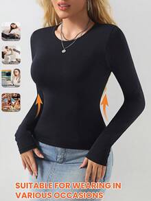 1pc Women's Casual Crew Neck Long Sleeve Warm T-Shirt, Seamless Soft Comfortable Minimalist Base Layer Top, Suitable For Daily Wear, Workout, Fitness - Black - View 1