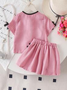 2pcs/Set Girls Elegant Bowknot Round Neck Short Sleeve Jacket And Skirt Set, Summer - Pink - View 3