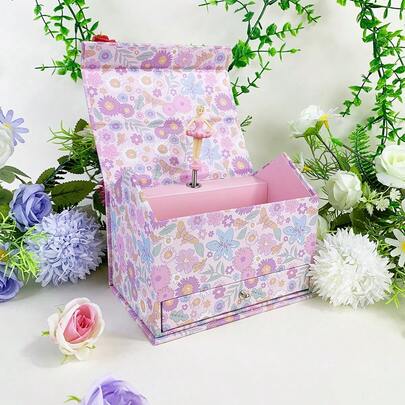 1pc Purple Floral Print Music Box House, Purple Sunflower Paper Storage Box With Rotating Princess And Pull-Out Drawer, Suitable For Storing Lipstick, Jewelry, Small Accessories, Ideal For Valentine's Day, Birthday, Wedding, Party Celebrations, And Daily Use