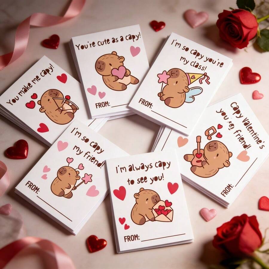 24 Capybara Valentine's Day Cards - Fun Capybara-Themed Greeting Cards With Customizable Names/Greetings, Including Cute Animal Patterns, Suitable For Birthdays, Thank You Letters, Love And Friendship Gifts, New Year's Gifts - màu đen - Xem 1