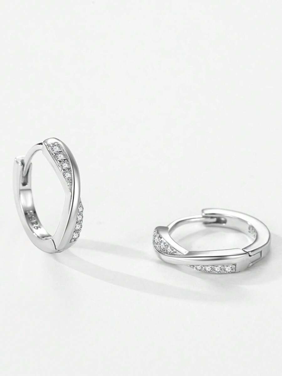 1对925纯银极简交织立方氧化锆耳环，女士婚礼订婚礼物礼物 - 銀色 - 查看 1