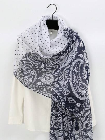 1条波点腰果花印花轻薄流苏围巾，春夏款