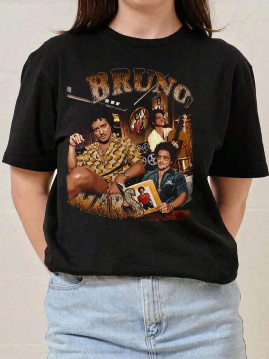 Bruno Mars Graphic T-Shirt_ Unisex Cotton Tee, Perfect Birthday Or Holiday Gift Choice For Friends, Family, Boyfriend, Girlfriend - 黑色 - 查看 1
