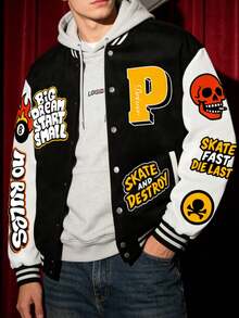 Men's Printed Pattern Casual Baseball Jacket, Varsity Jacket, Boyfriend Gift, Unisex, Spring/Autumn - Black - View 2