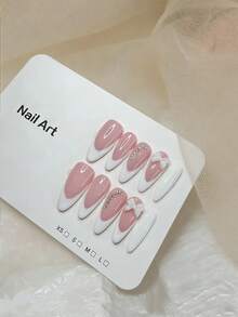 10pcs Handmade Press-On Nails, White French Manicure Butterfly Almond Shaped Nails, Soft & Cute, Suitable For Women & Girls, Spring/Summer/Autumn/Winter, Holidays & Daily Wear - Baby Pink - View 4