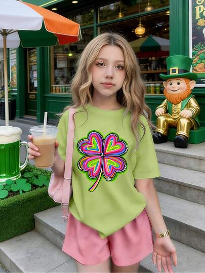 1 pieza Camiseta de manga corta con cuello redondo y estampado de trébol del Día de San Patricio para niñas, cómoda y suave, adecuada para ropa de verano de niñas