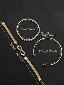 4pcs Luxury Diamond-Encrusted Women's Gold Watch Set, Including Diamond Gradient Dial Quartz Watch, Heart-Shaped Bracelet, Diamond Chain Bracelet, And Infinity Symbol Bracelet. The Dial Is Inlaid With Sparkling Diamonds, With A Gorgeous And Exquisite Style That Radiates Alluring Charm. - Gold - View 6