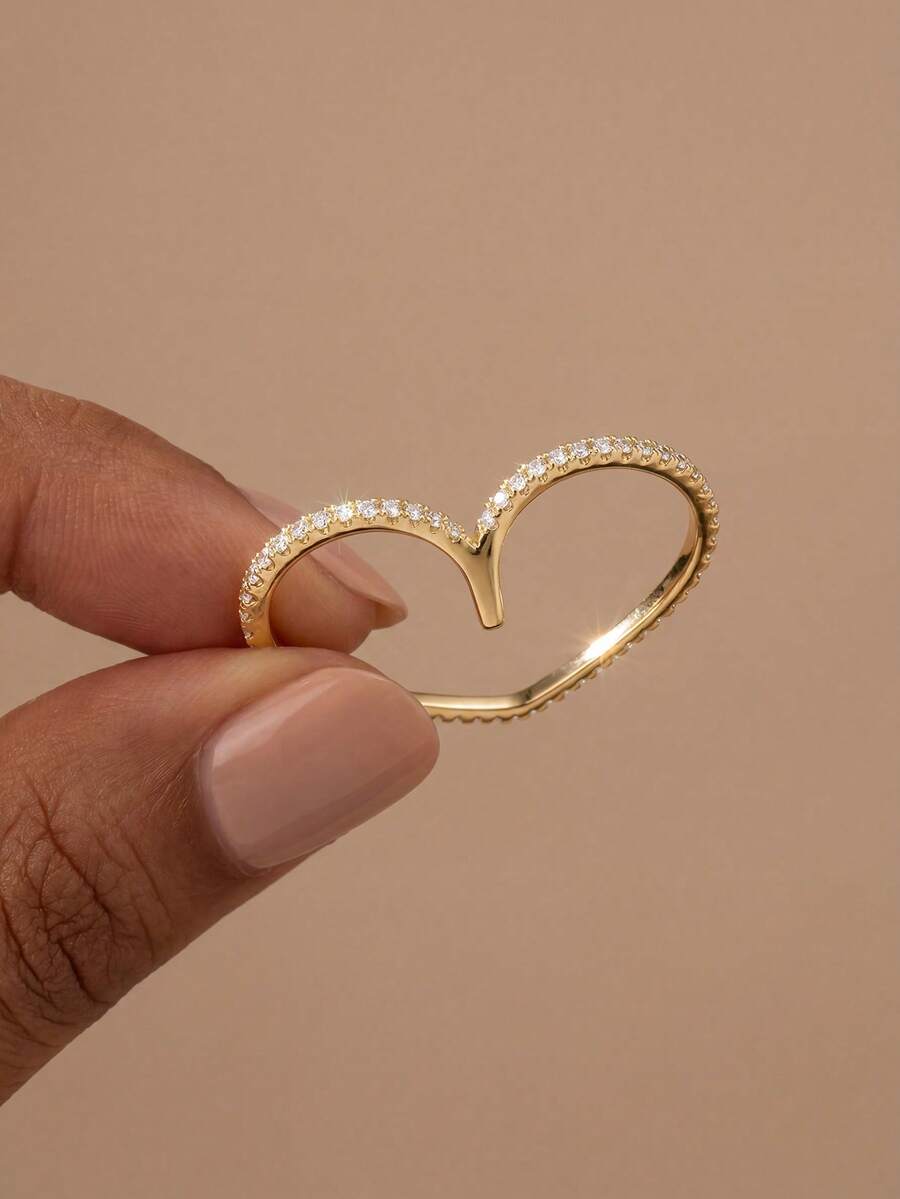 1枚极简主义微镶心形双指戒指，S925纯银锆石，时尚精致单枚戒指，日常装饰礼品，女士之选 - 微鑲心形雙指 - 查看 1